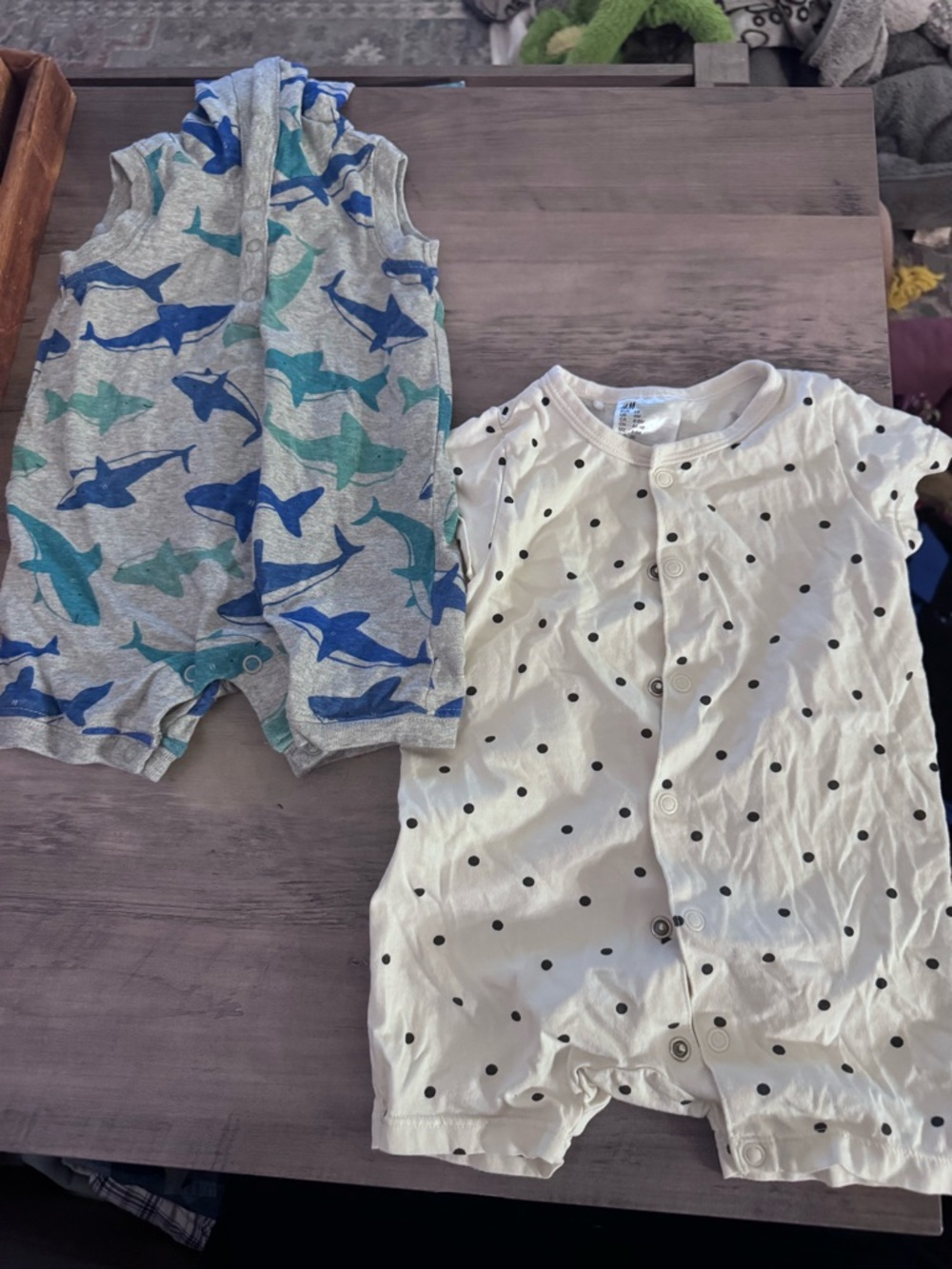 Boys 3-6 Months Carter's Gray Shark Print Romper & H&M White Polka Dot Romper